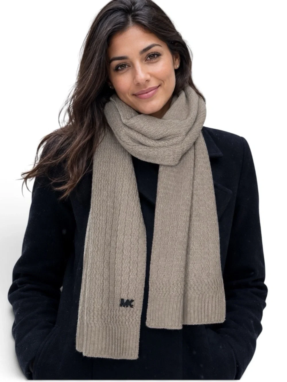 Michael Kors Taupe Textured Knit Logo Scarf NWT